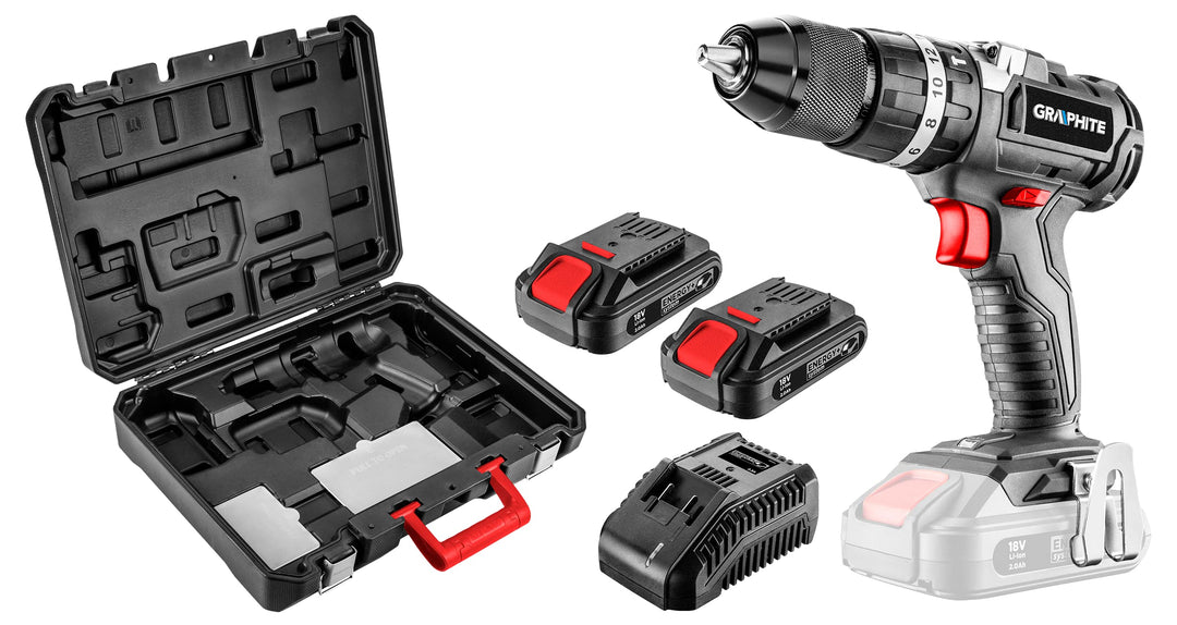 GRAPHITE Bürstenloser Bohr-/Schlagbohrschrauber Energy+ 18V, Li-Ion, 13 mm, 2 Akku 2Ah, Akku-Ladung,