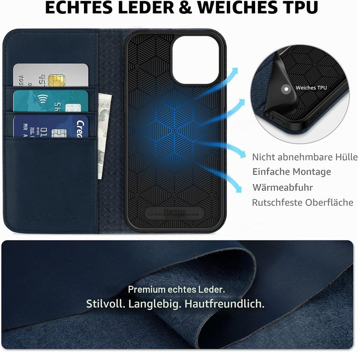 SHIELDON Hülle für iPhone 13 Pro Max, Schuzhülle [Echtleder] [Kartenfach] [Verdichtes TPU] Magnetisc