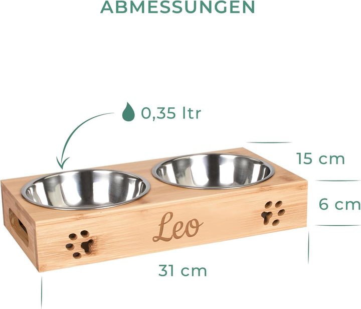 LAUBLUST Futterstation mit Name Personalisiert für Katze - Natur | 31x15x6 cm - Futternapf & Wassern