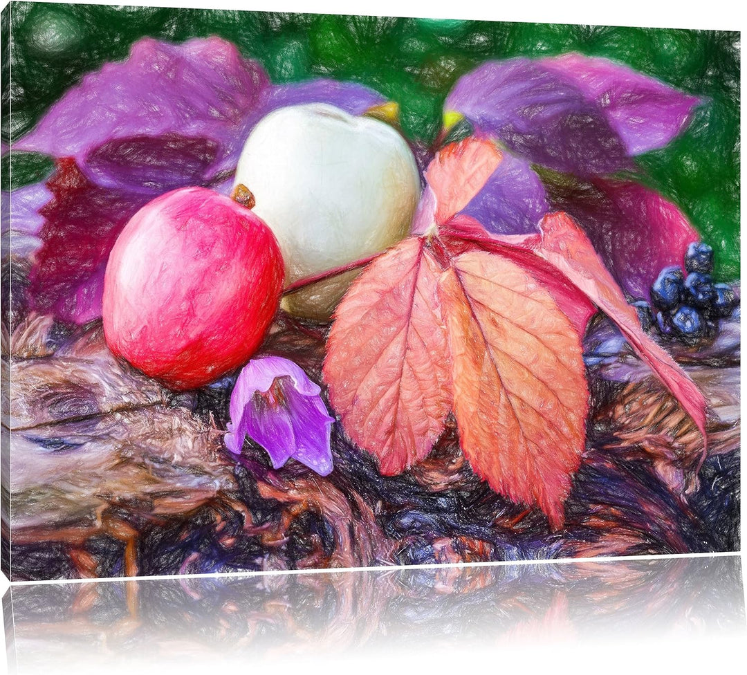 Pixxprint Äpfel und Blätter im Herbst als Leinwandbild | Grösse: 100x70 | Wandbild| Kunstdruck | fer