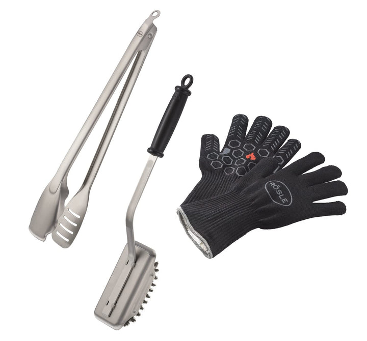 RÖSLE Barbecue Premium-Set 3-tlg., Hochwertiges Grillset mit Premium Grillhandschuhen, BBQ-Grillzang