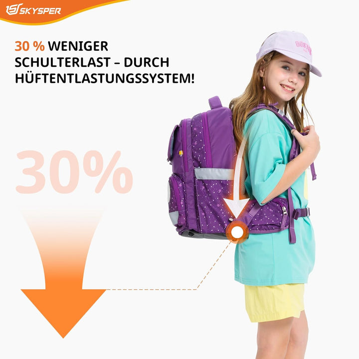 SKYSPER Schulranzen-Set 5-teilig, Schulrucksack Ergonomischer Tragesystem 16L Schulranzen mit 360° R