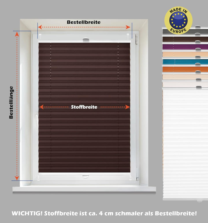 DomDeco Plissee 50x220cm Braun mit weiss lackierten Alu-Profilen, KlemmFix-Halterung zur Montage ohn