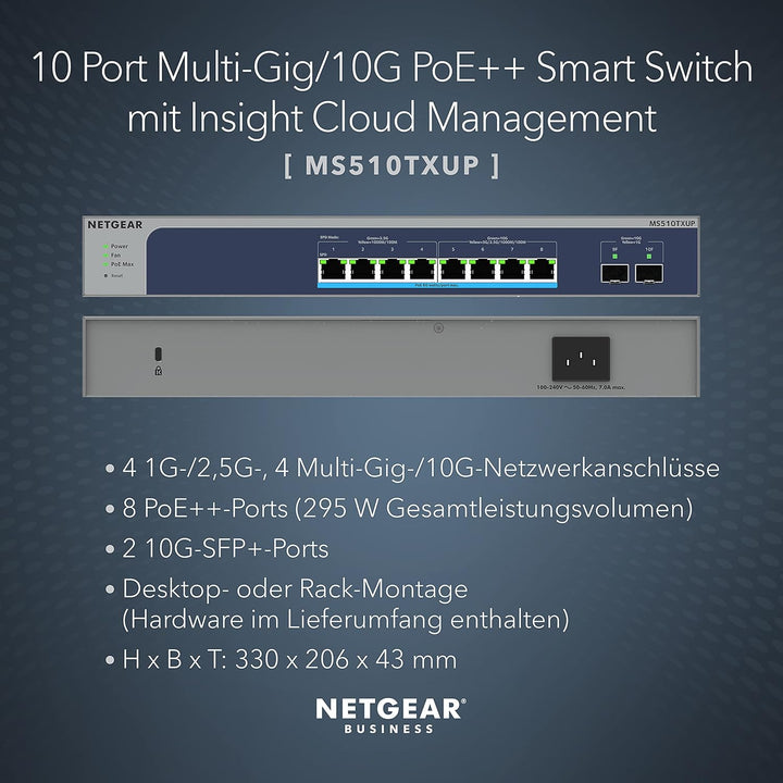 Netgear MS510TXUP 10 Port Multi-Gigabit/10GbE LAN PoE Switch Smart (Managed mit 8x PoE++ mit 295W, 2