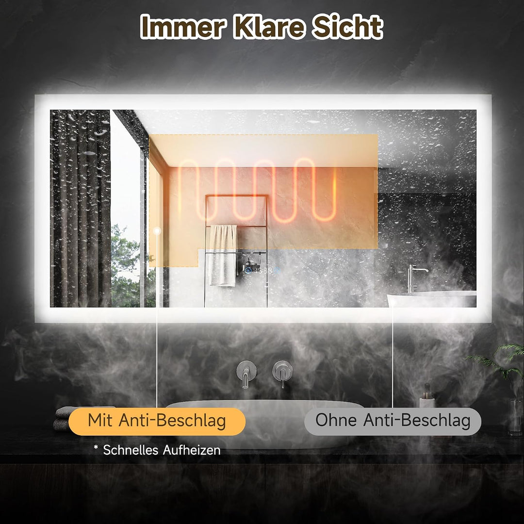 SONNI LED Badspiegel 120x60 cm, Touchschalter mit Uhr & Temperatur, 3 Lichtfarben für Make-up, Antib