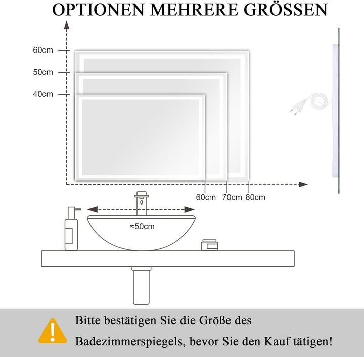 LED Badspiegel mit Beleuchtung, 50x70cm Spiegel mit Stecker, Spiegel mit Licht für Bad, Badezimmersp