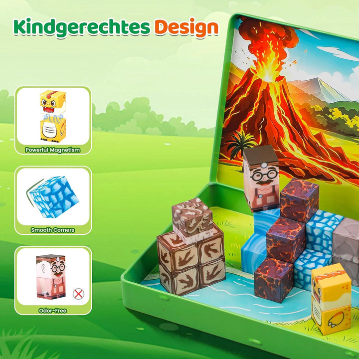 DQMOON Spielzeug ab 3 Jahren, 52 Teile Magnetbausteine Kinder mit Dinosaurier Figuren und tragbarer