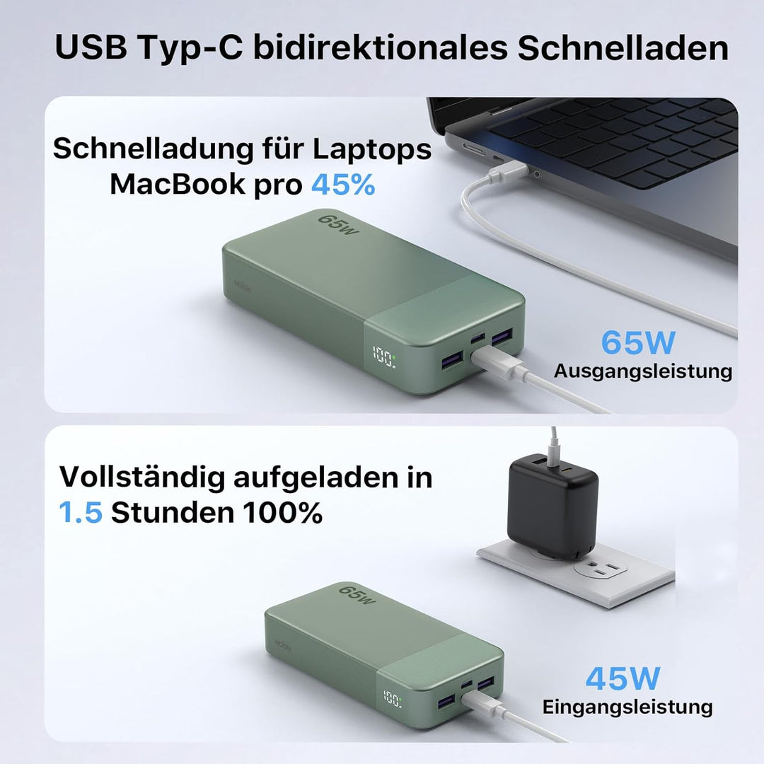 NOBIS 65W 20.000 mAh PD QC Schnelllade Powerbank mit Digitalanzeige Grün, Grün