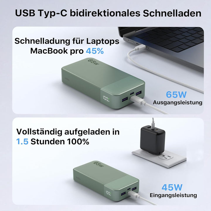 NOBIS 65W 20.000 mAh PD QC Schnelllade Powerbank mit Digitalanzeige Grün, Grün