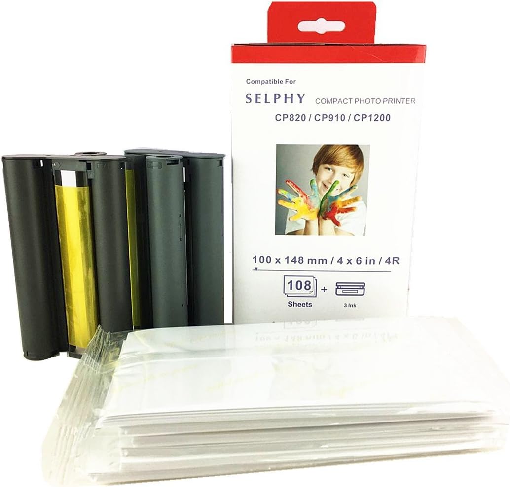 KP-108IN Farbtinte- und Papier-Set (108 Blatt und 3 x Tinte) Kompatibel mit SELPHY CP1300, CP800, CP