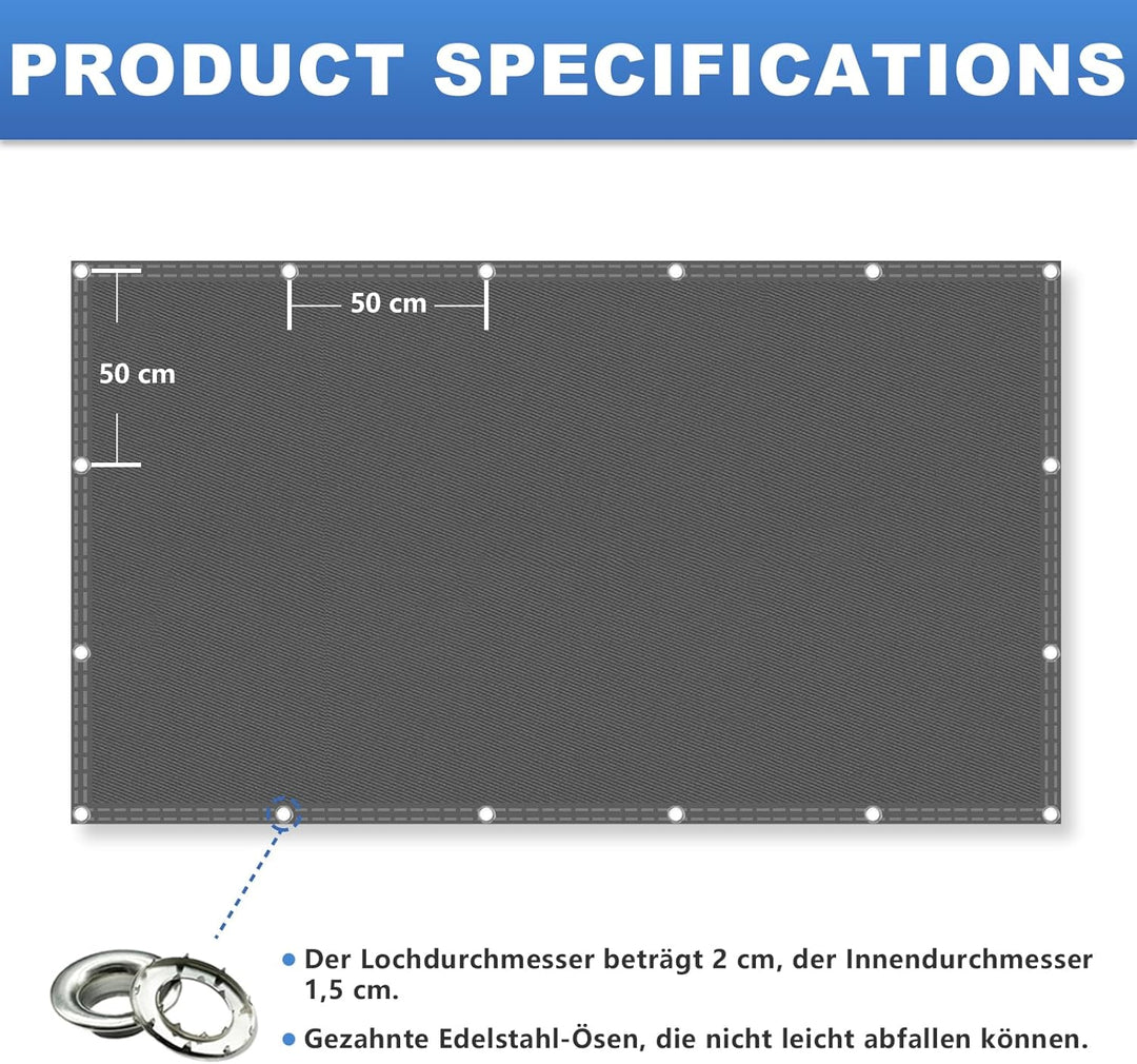 Sonnensegel Wasserdicht Rechteckig mit Ösen, Markisenstoff 95% UV Schutz, Sonnenschutz Markise Reiss