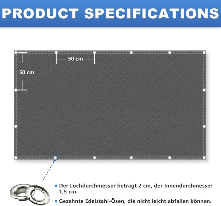 Sonnensegel Wasserdicht Rechteckig mit Ösen, Markisenstoff 95% UV Schutz, Sonnenschutz Markise Reiss