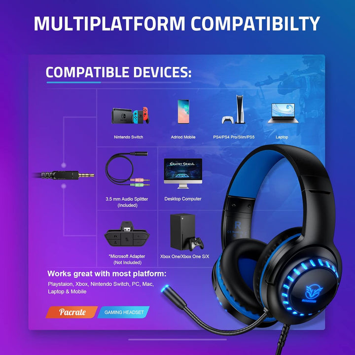 Pacrate Gaming Headset für PS4/PS5/Xbox One/PC/Nintendo Switch, PS4 Kopfhörer mit Kabel Xbox Headset