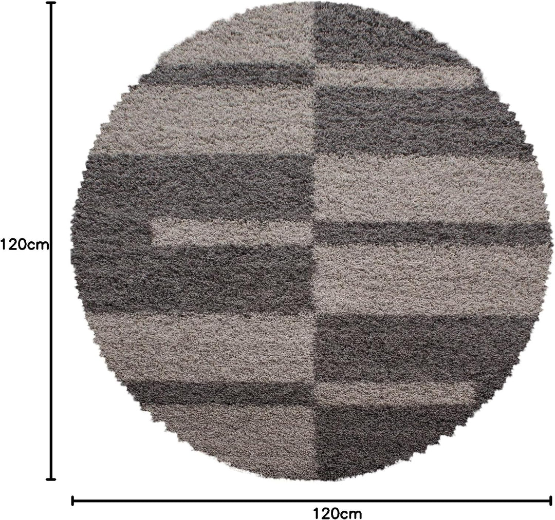 Carpetsale24 Teppich Wohnzimmer Moderne Kariert Design Shaggy Flokati 120 cm Rund Taupe-Beige - Hoch