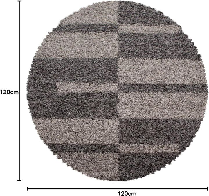 Carpetsale24 Teppich Wohnzimmer Moderne Kariert Design Shaggy Flokati 120 cm Rund Taupe-Beige - Hoch