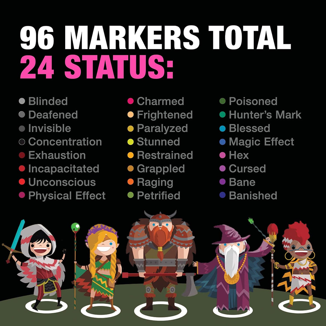 Tidyboss DND Miniatures Acrylic Condition Rings 96 PCS Status Effects Markers in 24 Conditions &amp; Col