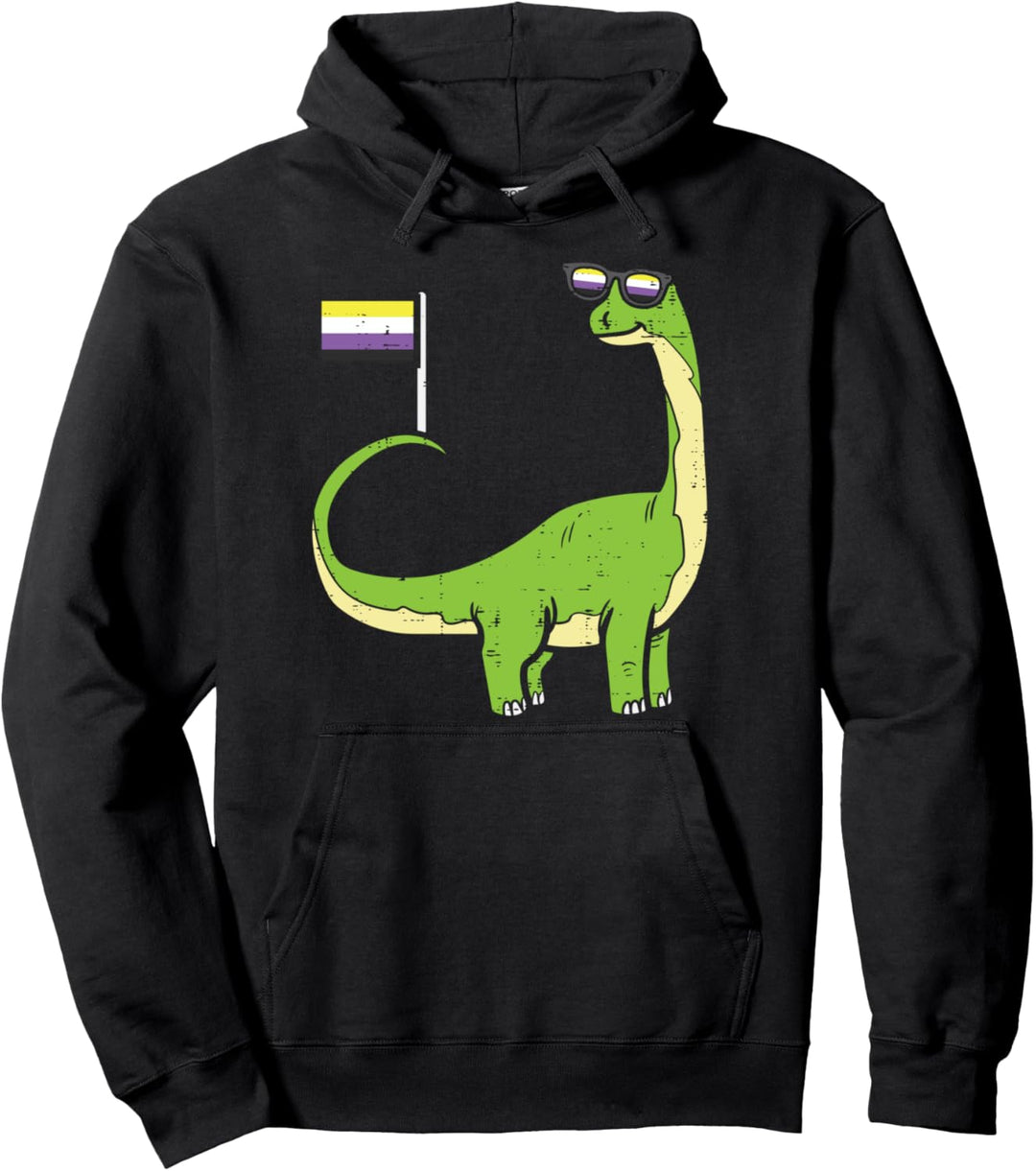 Brontosaurus Dinosaur Dino LGBTQ Non-Binary Flag Genderqueer Pullover Hoodie