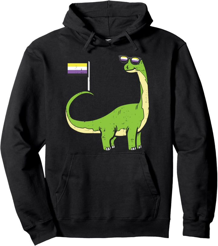 Brontosaurus Dinosaur Dino LGBTQ Non-Binary Flag Genderqueer Pullover Hoodie