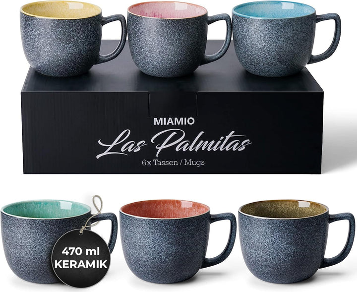 MIAMIO - 6 x 470 ml Kaffeetassen/Tassen Set/Kaffeetasse Gross/moderne Kaffeebecher aus Steingut - La
