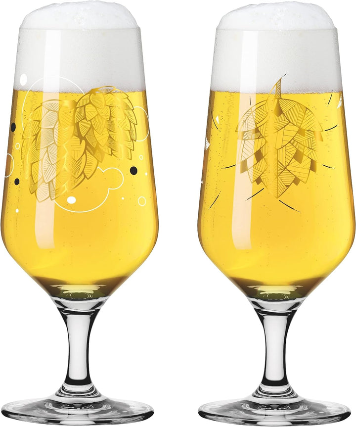 Ritzenhoff 3471001 Bierglas 300 ml – 2er Set – Serie Brauchzeit, Motiv Nr. 1 – Hopfen, mehrfarbig –