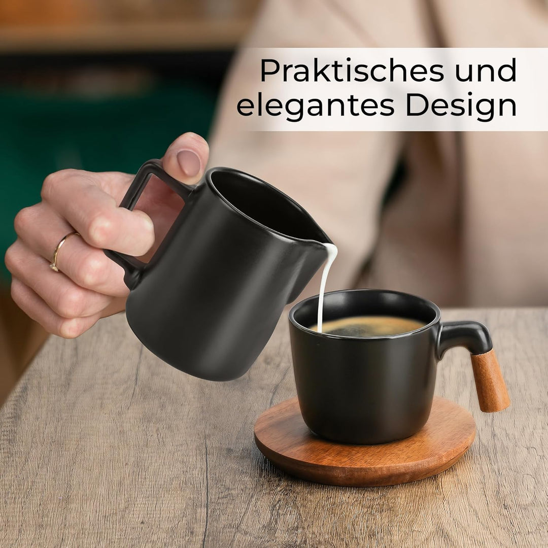 MIAMIO - Milch und Zucker Set mit Deckel und Löffel/Keramik Milchkännchen mit Holz Tablett - Mikrowe