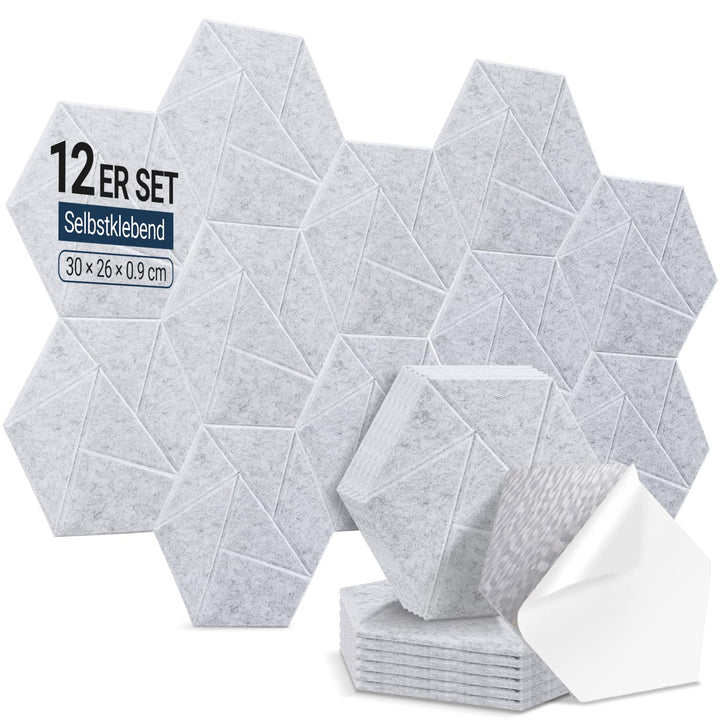 12 Stück Hexagon Akustikplatten Selbstklebend, 30 x 26 x 0,9 cm Hohe Dichte Schallschutzplatten, Aco