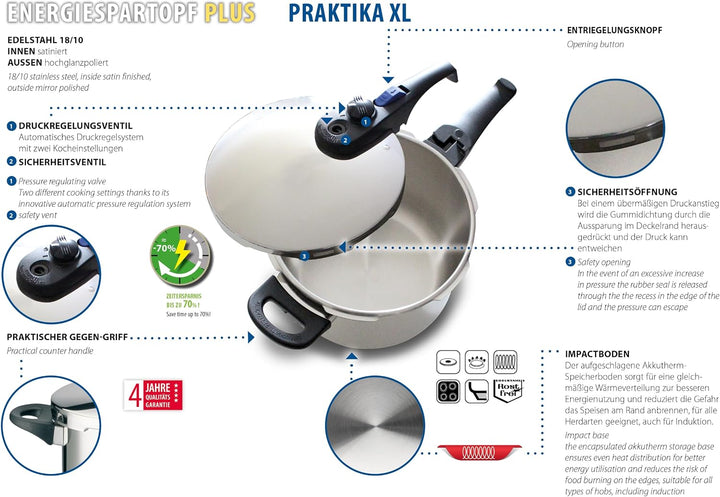 ELO Schnellkochtopf Praktika XL Set 5tlg. 22cm, aus Edelstahl 18/10, automatisches Druckregelsystem,