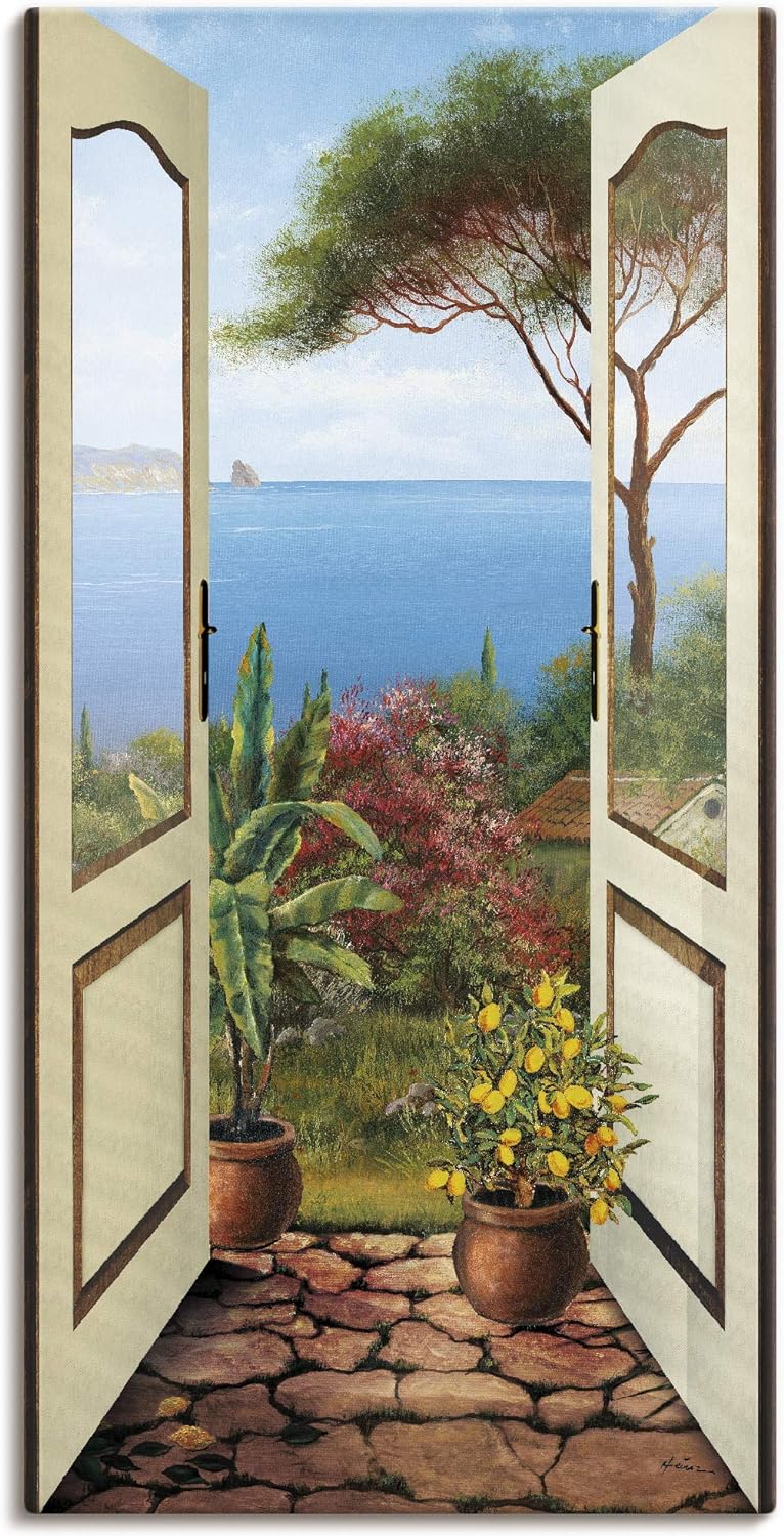 ARTland Leinwandbilder Bild Leinwand Wandbilder 50x100 cm Fensterblick Garten Meer Landschaft Küste