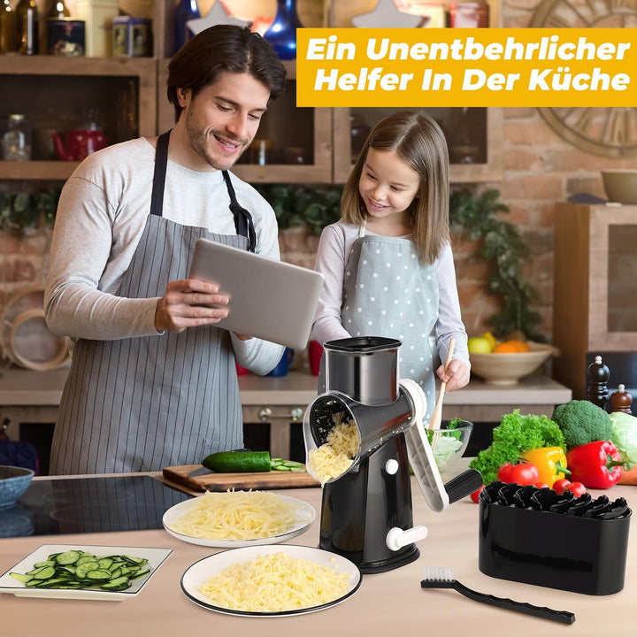 Käsereibe mit Kurbel, Reibe für Gemüse mit 5 Austauschbaren Trommelblättern, Gemüseschneider Ideal f