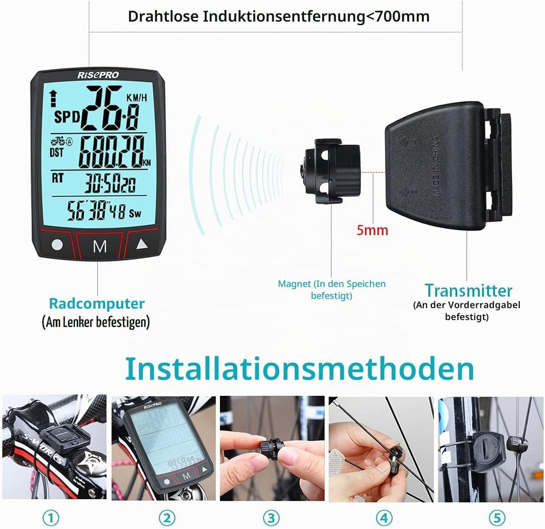 RISEPRO Fahrradcomputer, kabellos, wasserdicht, multifunktional, mit LCD-Display mit Hintergrundbele