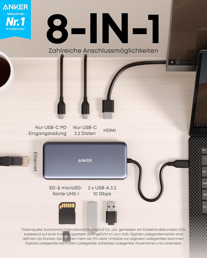 Anker 555 USB-C Hub (8-in-1) PowerExpand USB-C Adapter, 100W Power Delivery, 4K 60Hz HDMI, 10Gbps US