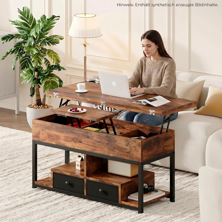 IRONCK Couchtisch Höhenverstellbar, LED Wohnzimmertisch mit Steckdosen, 2AC+USB+USB‑C, Kaffeetisch H