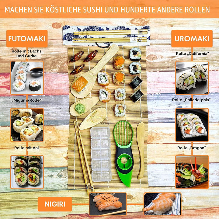 Sushi Set 14-teilig - Bambus Sushi Maker Kit Rollmatte für Anfänger - 2 Matten, 3 Paar Essstäbchen m