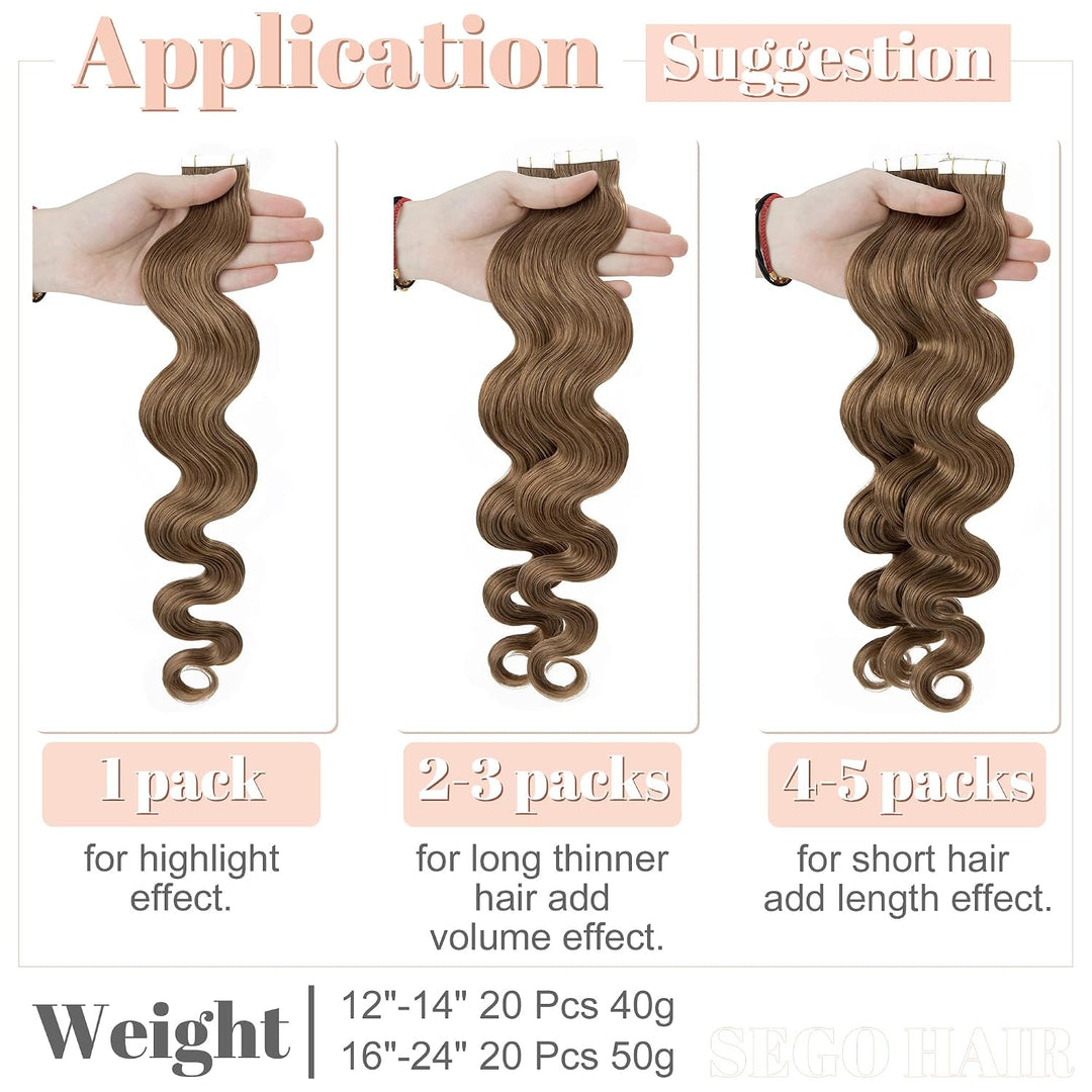 SEGO Tape Extensions Echthaar GEWELLT 16zoll/40cm 20 Stück Klebeband Haarverlängerung 100% Remy Haar