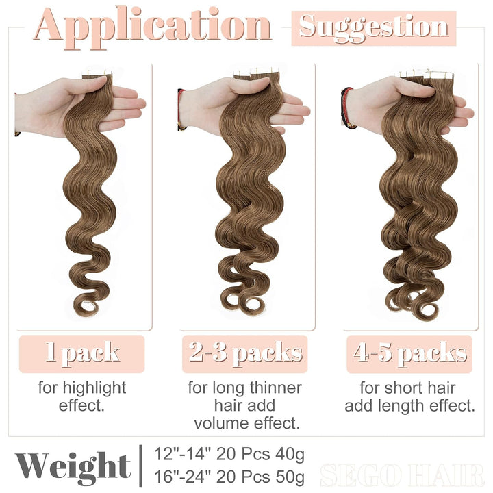 SEGO Tape Extensions Echthaar GEWELLT 16zoll/40cm 20 Stück Klebeband Haarverlängerung 100% Remy Haar
