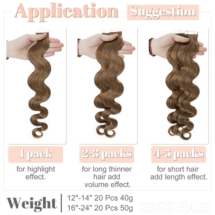 SEGO Tape Extensions Echthaar GEWELLT 16zoll/40cm 20 Stück Klebeband Haarverlängerung 100% Remy Haar