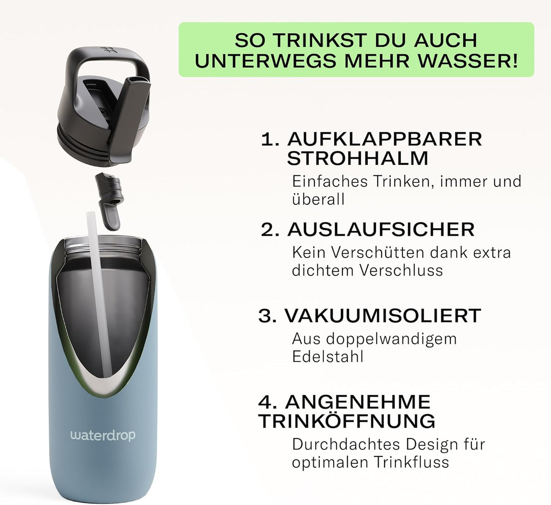 waterdrop® All Purpose Thermosflasche 600ml – Trinkflasche mit Strohhalm – isolierte Edelstahl, 24h