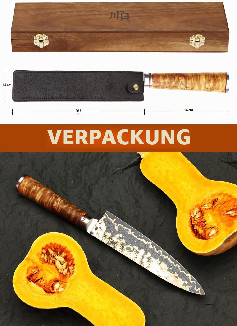 YOUSUNLONG Professionelles Kochmesser - 200mm Klinge Japanischer Handgefertigter Kupfer Damast Stahl
