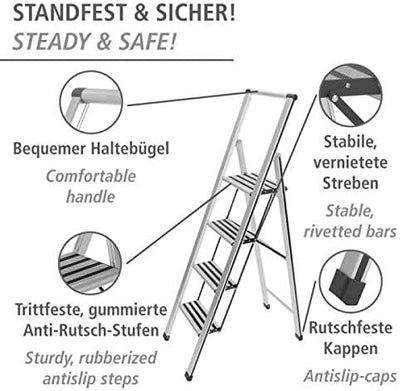 WENKO Leichte Aluminium Trittleiter mit 4 Stufen für 100 cm höheren Stand, rutschsichere XXL-Stufen,