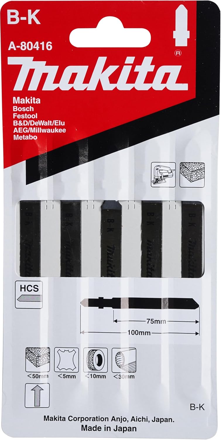 Makita A-80416 Stichsägeblatt B-K 5 Stück, glatte Klinge, Spezialblatt für Weichgummi, Leder, Pappe
