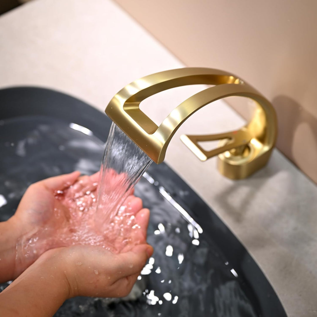 Waschtischarmatur Gebürsteter Gold, Wasserhahn Bad Waschbecken Armatur Wasserfall Badarmatur, Wassse