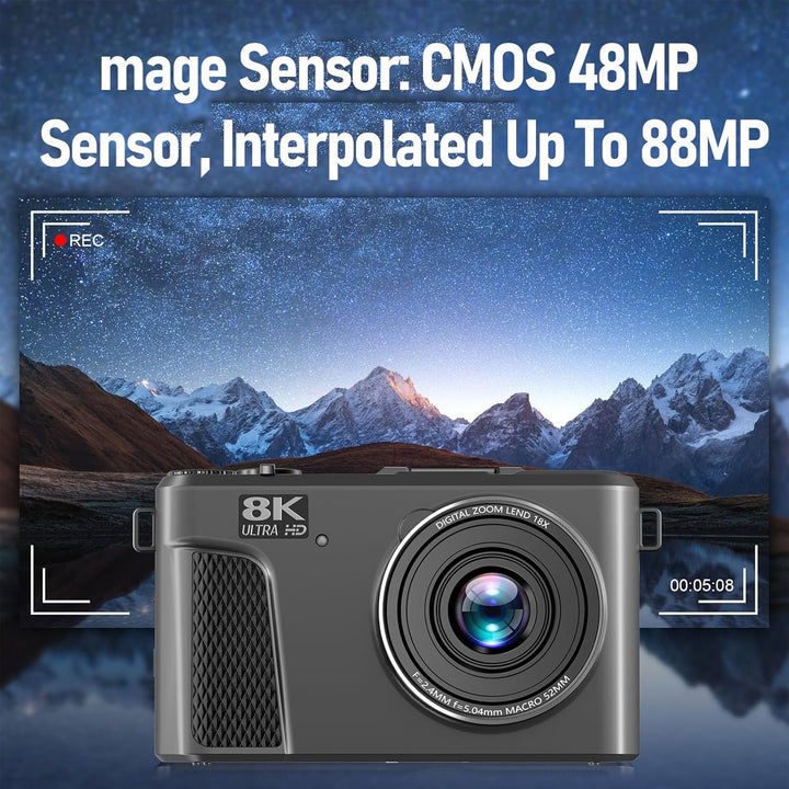 8K Digitalkamera für Fotografie, WiFi 88MP Vlogging -Kameras mit 3 "180 ° Flip -Bildschirm, Autofoku