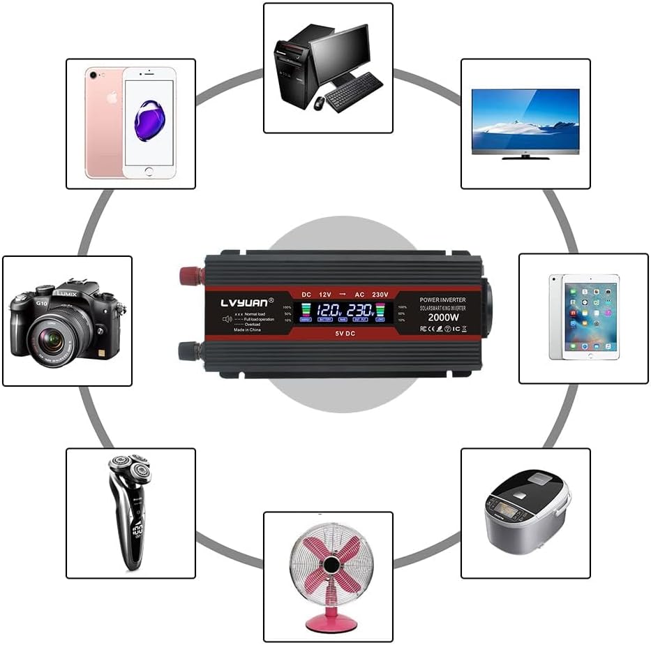 LVYUAN Spannungswandler 12V 230V 1000W / 2000W Wechselrichter LCD mit 2