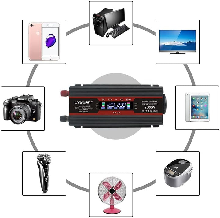 LVYUAN Spannungswandler 12V 230V 1000W / 2000W Wechselrichter LCD mit 2