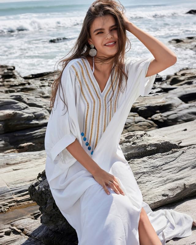 Bsubseach Damen Stickerei Kurzarm Bikini Strandkleid Side Split Beach Kaftan Kleid Ff-weiss, Ff-wei&