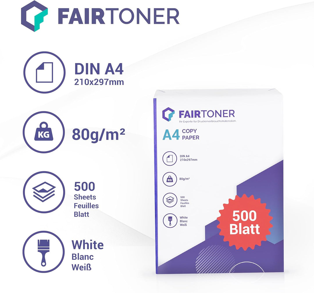 FairToner Kopierpapier 2500 Blatt DIN-A4 80g, Weiss (5 x 500 Blatt / 5er Pack) Universal Druckerpapi