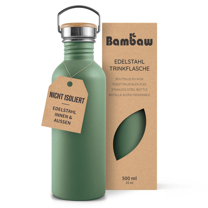 Bambaw Trinkflasche Edelstahl 500ml, Nicht-isolierte Trinkflasche Grün, Kinder Trinkflasche Edelstah