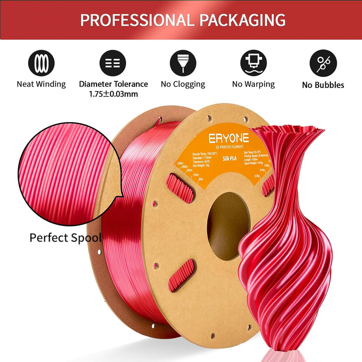ERYONE Seiden PLA Filament 1.75mm, PLA Seiden Filament für 3D Drucker, 1.75mm +/- 0,03 mm, 1kg /Spul