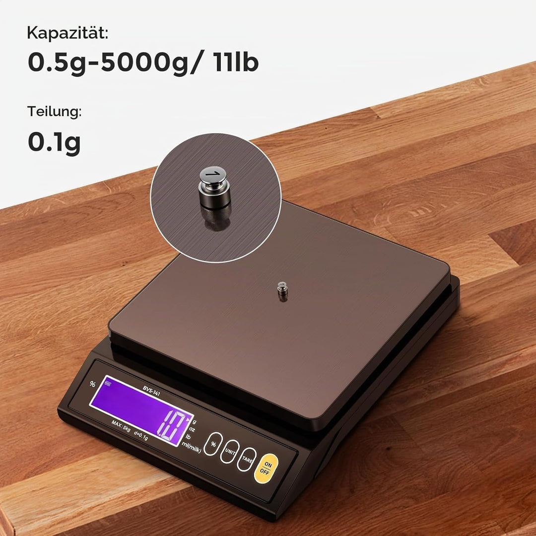 Bonvoisin 5 kg Digitale Küchenwaage 0,1 Gramm Genauigkeit, mit% Prozentfunktion, Wiegen in Gramm, Pf