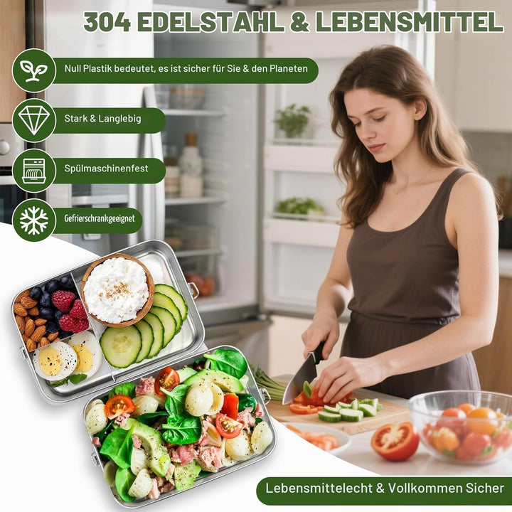 1200ml Brotdose Edelstahl mit Fächern, Brotzeitdose mit Trennwänd | Hochwertige 304 Edelstahl Brotdo